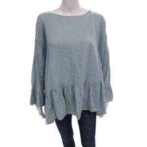 Basia Women Tunic Blouse Light Blue Cotton Blend Long Sleeve Boho Size L